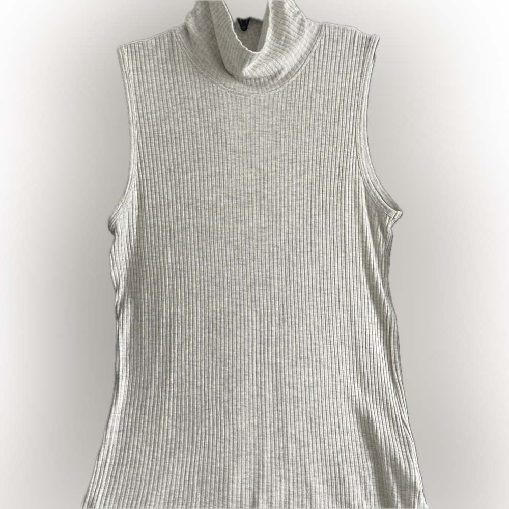 Christian Siriano Sleeveless Mock Neck Ribbed Knit Top Sz Large Heather Beige